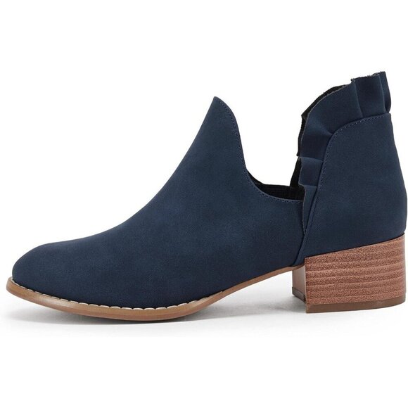 Fisace Ruffled Ankle Boots Women Blue Faux Leather Pointed Toe Chunky Low Heels - Picture 2 of 4